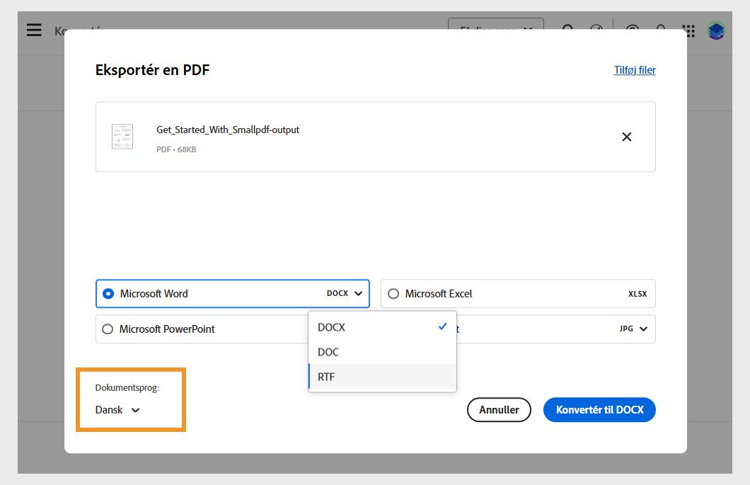 Dialogboksen Eksportér en PDF viser den valgte fil og 4 filformatindstillinger at konvertere til: Microsoft Word, Excel, PPT og billedformat. 