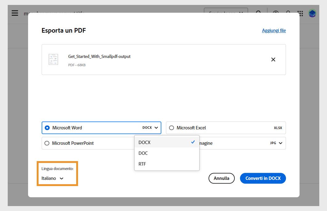 Finestra di dialogo Esporta un PDF che mostra il file selezionato e 4 opzioni di formato file in cui convertirlo: Microsoft Word, Excel, PPT e formato Immagine. 