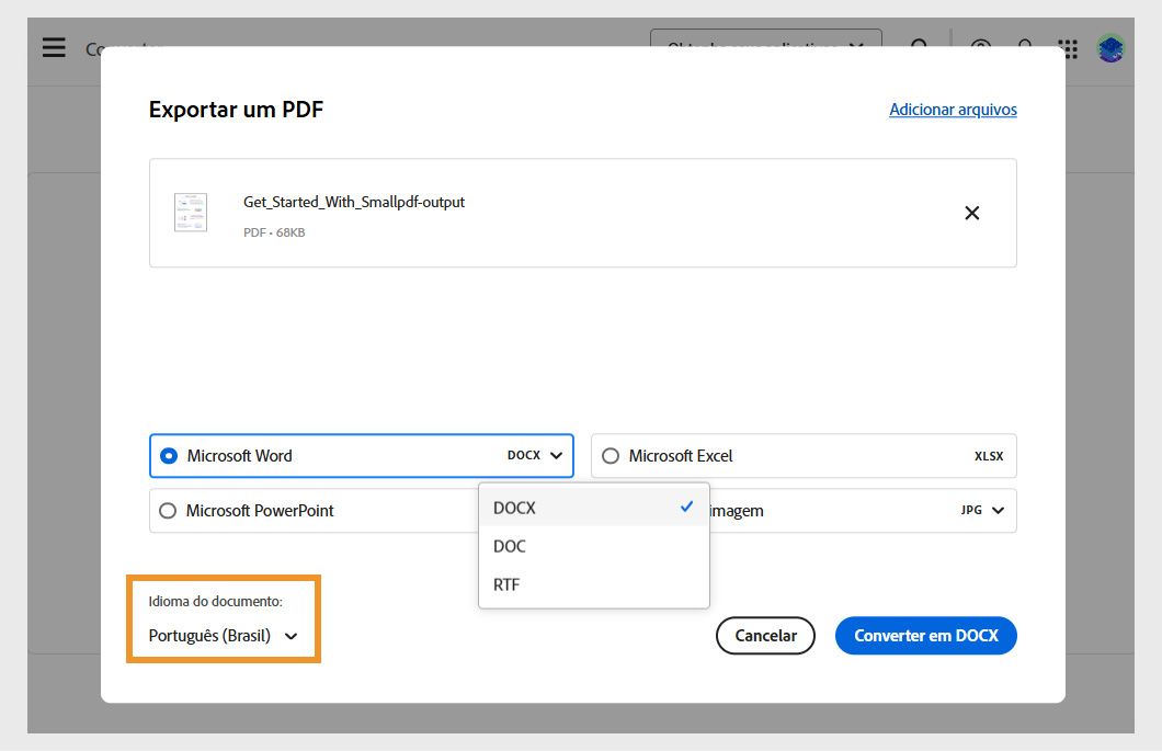 A caixa de diálogo Exportar um PDF com o arquivo selecionado e 4 opções de formato de arquivo para conversão: Microsoft Word, Excel, PPT e formato de imagem. 