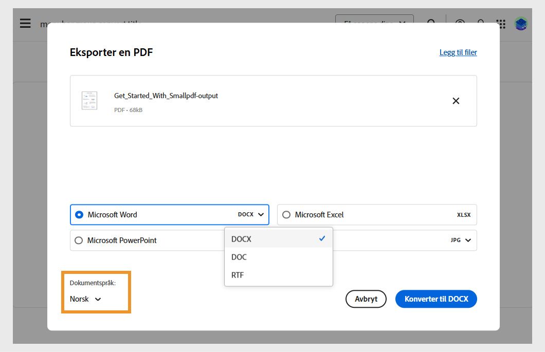 Dialogboksen Eksporter en PDF viser de valgte filene og 4 filformatalternativene du vil konvertere til: Microsoft Word-, Excel-, PPT- og bildeformat. 