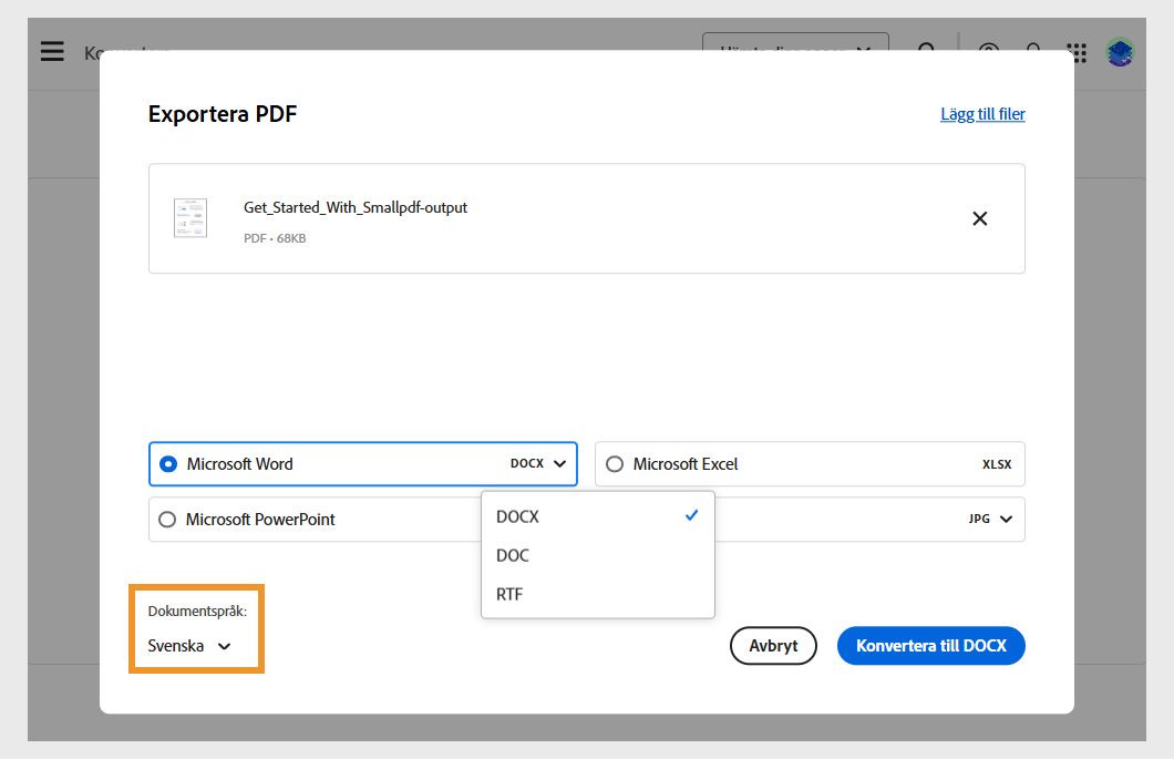 Dialogrutan Exportera en PDF visar den valda filen och fyra filformatalternativ att konvertera till: Microsoft Word, Excel, PPT och bildformat. 
