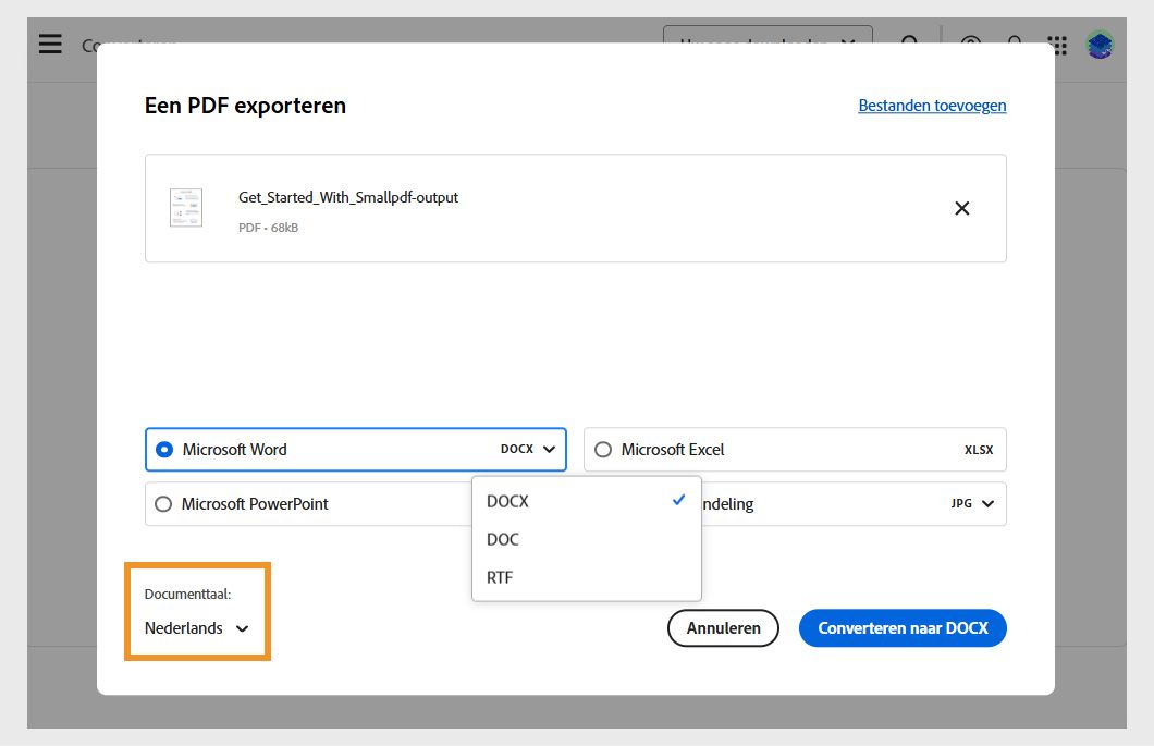 Het dialoogvenster PDF exporteren toont het geselecteerde bestand en 4 bestandsindelingsopties om naar te converteren: Microsoft Word, Excel, PPT en Afbeeldingsindeling. 
