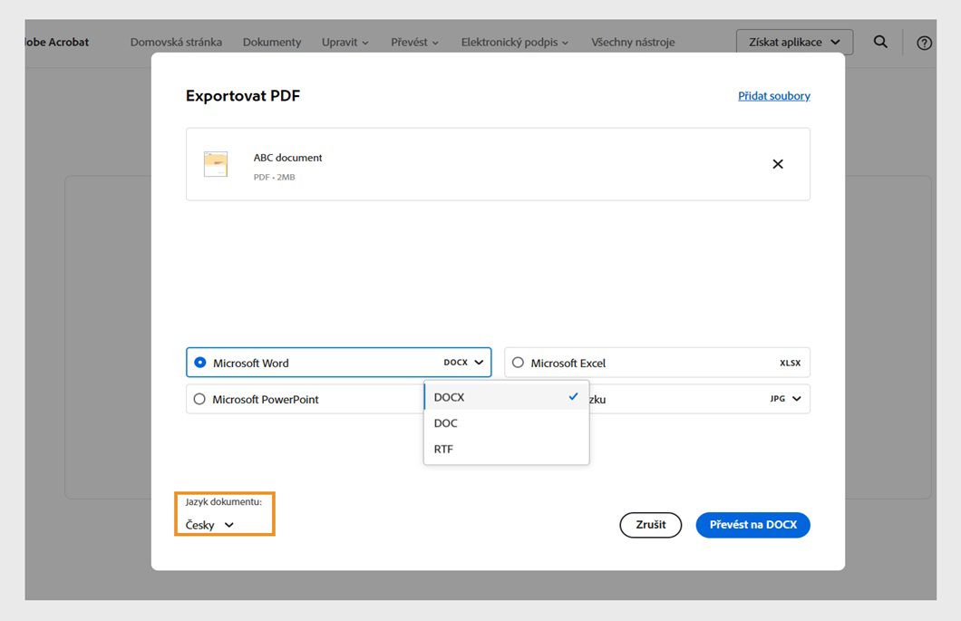 V dialogovém okně Export PDF se zobrazí vybraný soubor a 4 možnosti formátů souborů, do kterých jej lze převést: Microsoft Word, Excel, PPT a formát obrázku. 