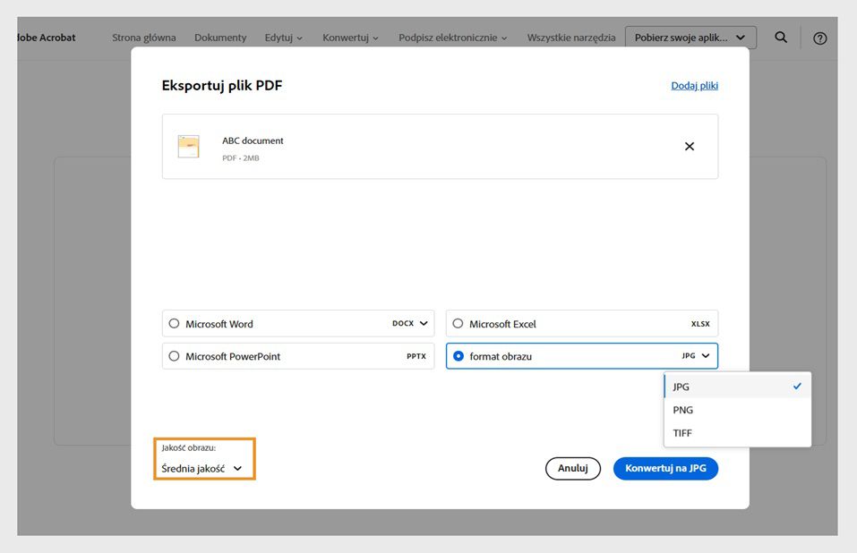Funkcja Eksportuj plik PDF zawiera 4 opcje konwersji, w których zaznaczono format obrazu i podświetlono menu rozwijane Jakość obrazu.