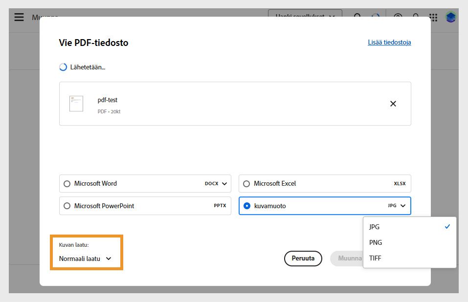 Vie PDF-tiedosto näyttää neljä muunnosvaihtoehtoa, joissa Kuvamuoto on valittuna ja Kuvanlaatu-pudotusvalikko on korostettuna.