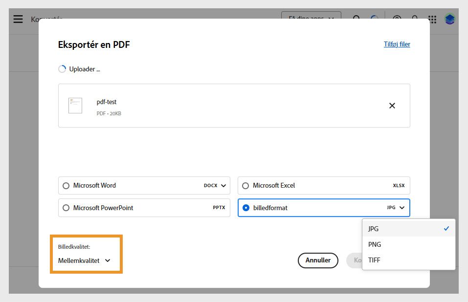 Ved eksport af en PDF-fil vises 4 konverteringsindstillinger, hvor Billedformat er valgt og rullemenuen Billedkvalitet er fremhævet.