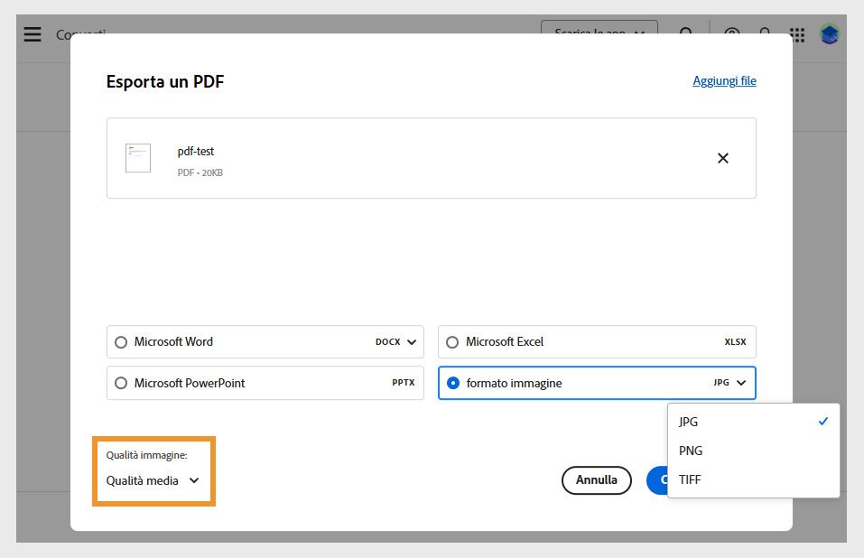 Esporta un PDF che mostra 4 opzioni di conversione in cui è selezionato il formato immagine con il menu a discesa Qualità immagine evidenziato.