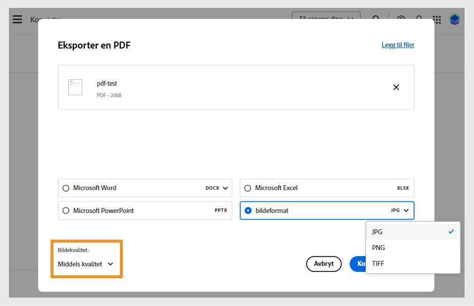 Eksporter en PDF-fil viser 4 konverteringsalternativer der Bildeformat er valgt og nedtrekksmenyen Bildekvalitet er uthevet.
