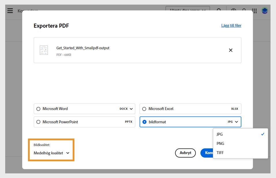 Exportera en PDF-fil visar fyra konverteringsalternativ där Bildformat är valt och listrutan Bildkvalitet är markerad.