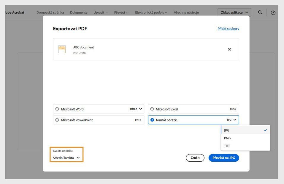 V části Export souboru PDF se zobrazí 4 možnosti převodu; je vybrána možnost Formát obrázku a zvýrazněna rozevírací nabídka Kvalita obrázku.
