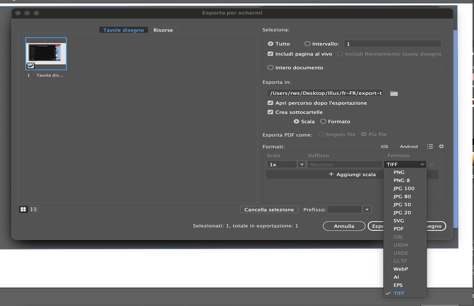 La finestra di dialogo Esporta per schermi mostra più tavole disegno selezionate e il formato TIFF scelto per l'esportazione.