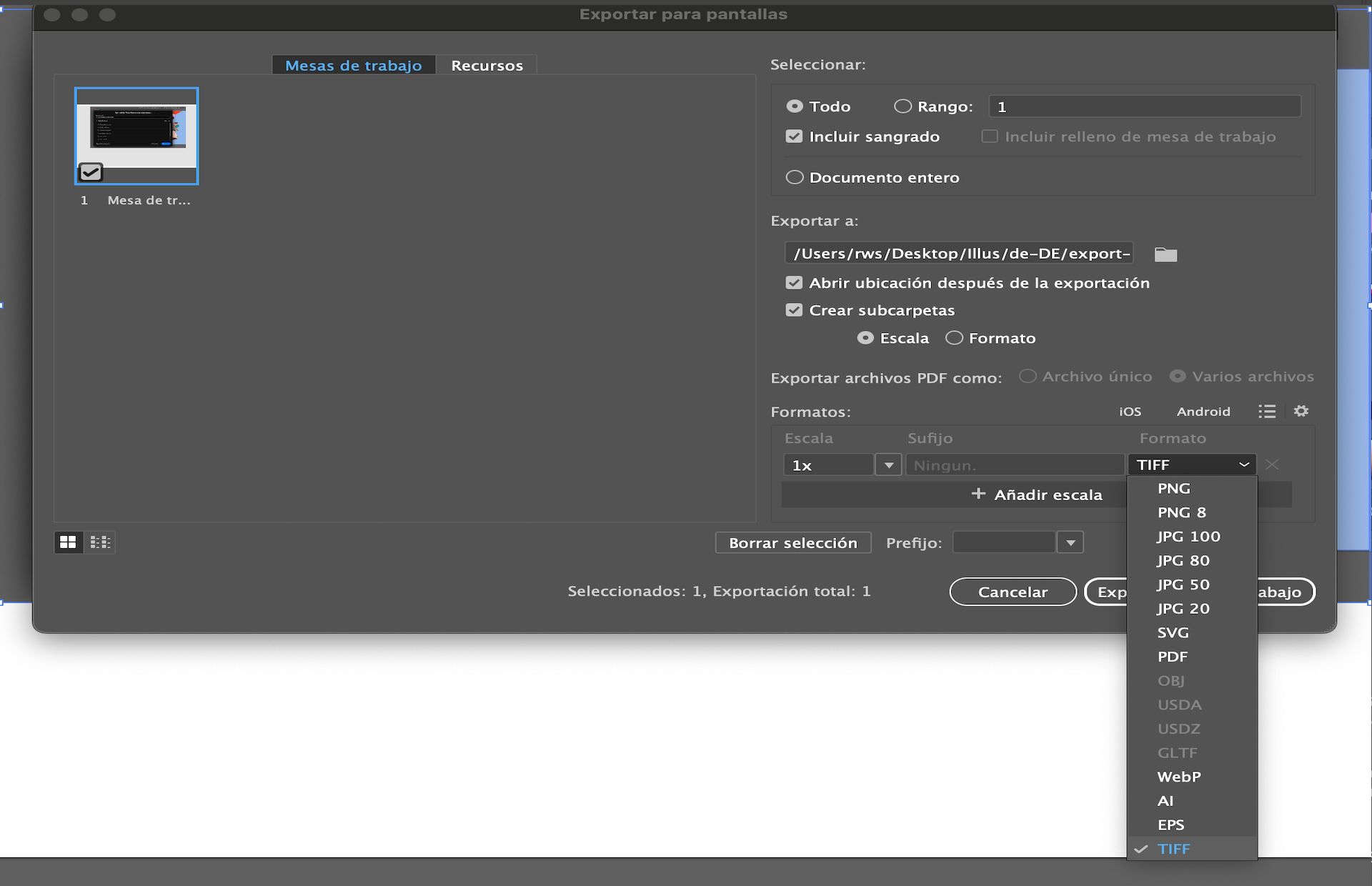 El cuadro de diálogo Exportar para pantallas que muestra múltiples mesas de trabajo seleccionadas y TIFF elegido como formato de exportación.