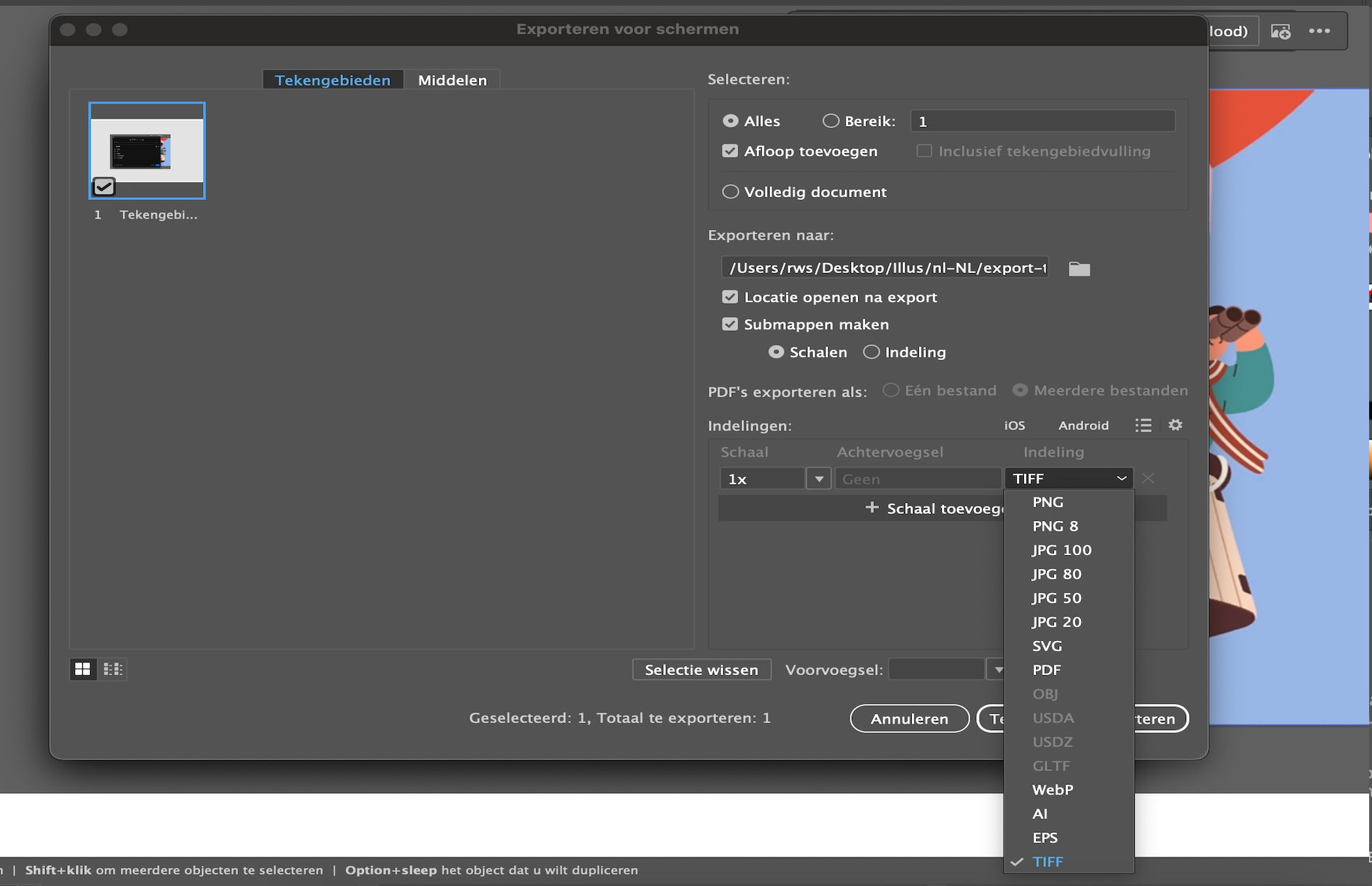 Het dialoogvenster Exporteren voor schermen toont meerdere geselecteerde tekengebieden en TIFF gekozen als exportindeling.