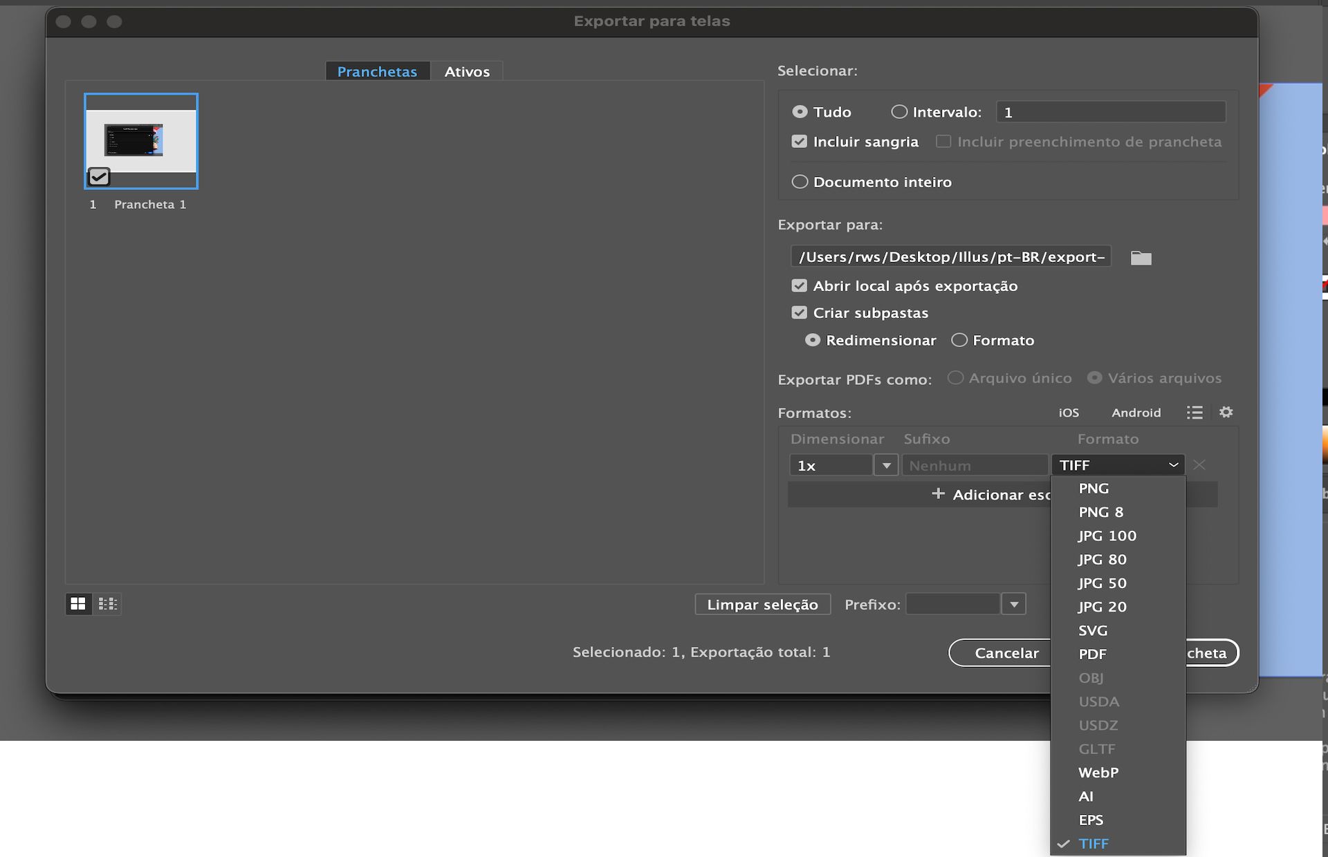 A caixa de diálogo Exportar para telas mostrando várias pranchetas selecionadas e TIFF escolhido como o formato de exportação.
