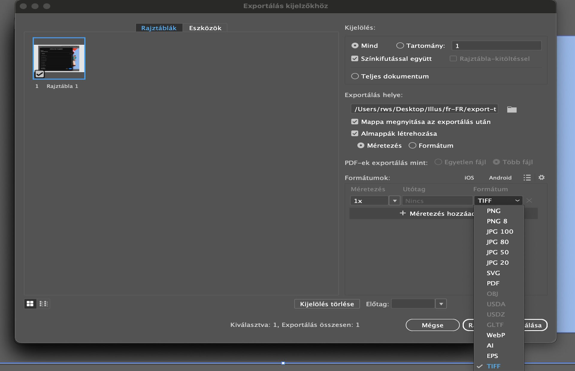 Az Exportálás kijelzőkhöz párbeszédpanel, amelyen több rajztábla van kijelölve, és a TIFF formátumot választották exportformátumként.