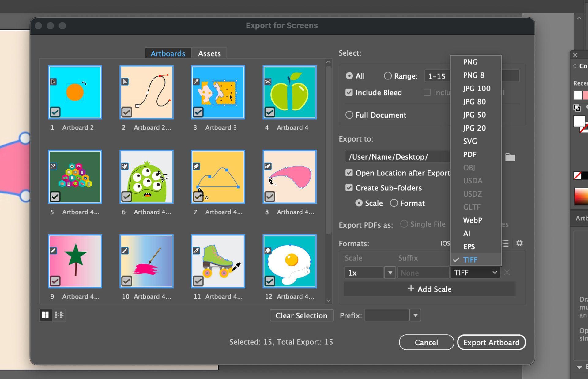 תיבת הדו-שיח Export for Screens מציגה מספר לוחות יצירה שנבחרו והפורמט TIFF שנבחר כפורמט הייצוא.