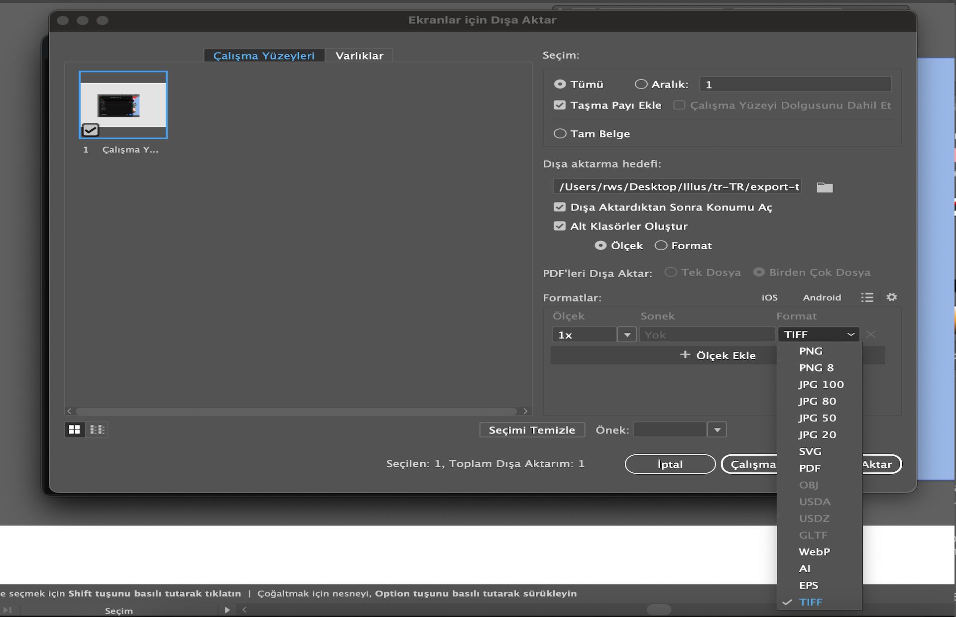 Birden fazla çalışma tahtasının seçili olduğu ve dışa aktarma biçimi olarak TIFF'nin seçildiği Ekranlar için Dışa Aktar iletişim kutusu.