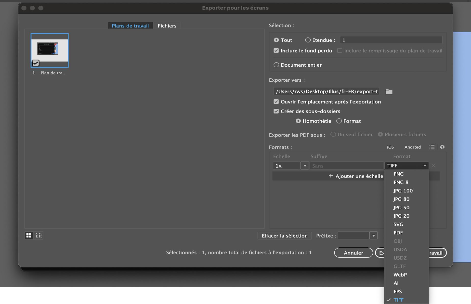 Boîte de dialogue Exporter pour les écrans affichant plusieurs plans de travail sélectionnés et TIFF choisi comme format d’exportation.