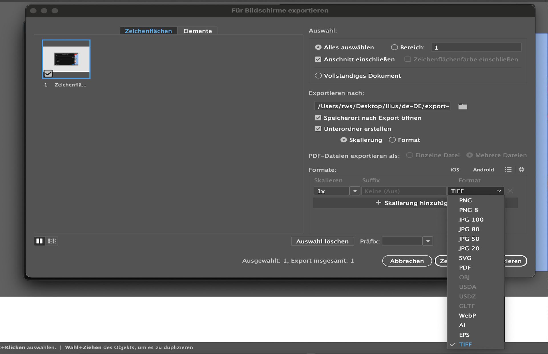 Das Dialogfeld „Für Bildschirme exportieren“ mit mehreren ausgewählten Zeichenflächen und ausgewählter Option „TIFF“ als Exportformat.