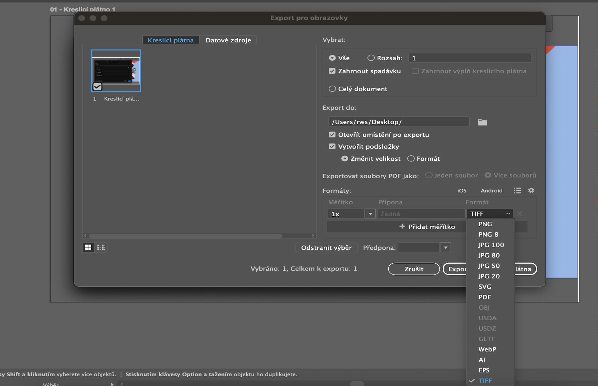Dialogové okno Export pro obrazovky zobrazující více vybraných návrhových ploch a TIFF vybraný jako formát exportu.