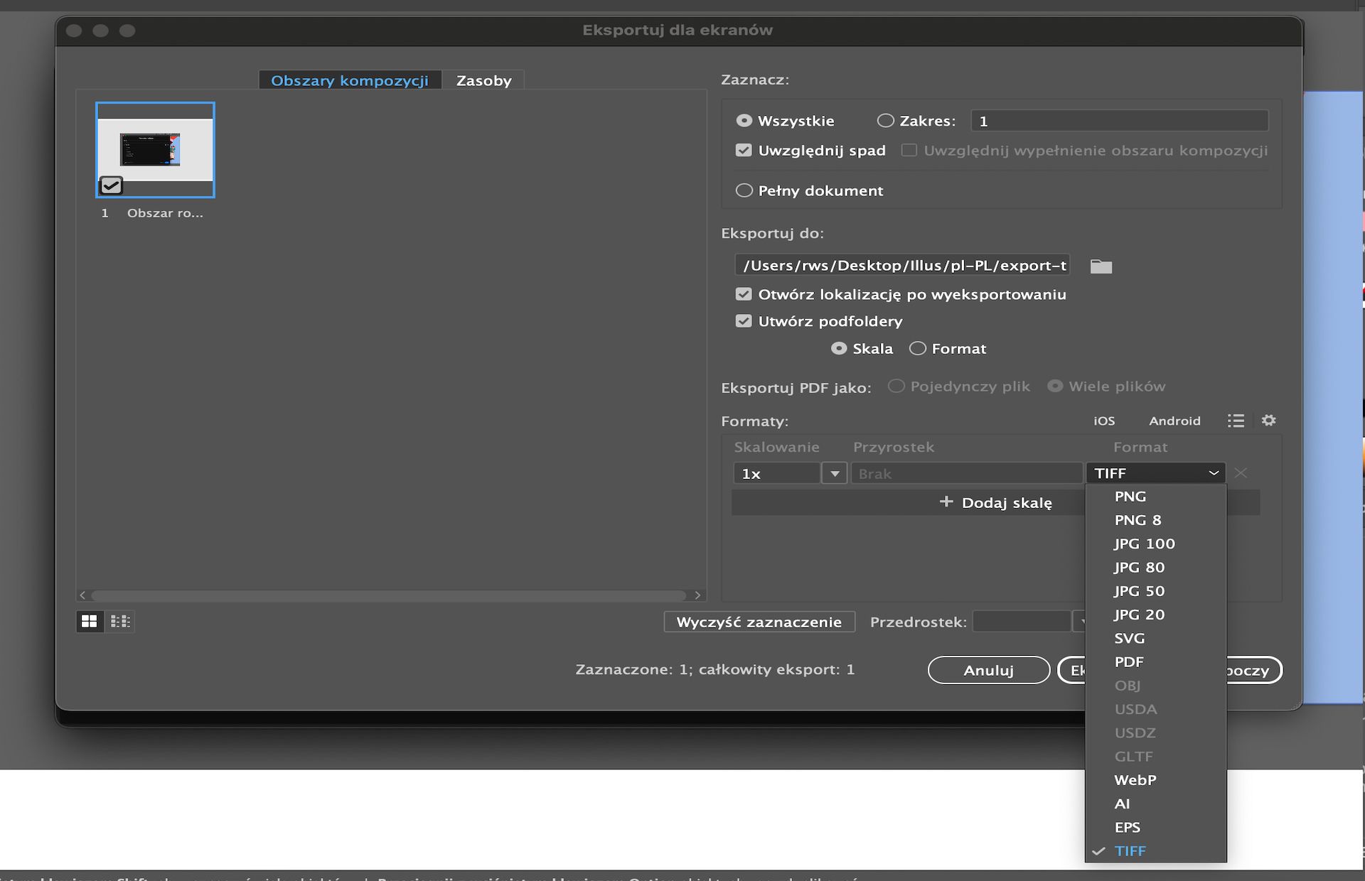 Okno dialogowe Eksportuj do wyświetlania na ekranach z wieloma wybranymi obszarami kompozycji i formatem TIFF wybranym jako format eksportu.