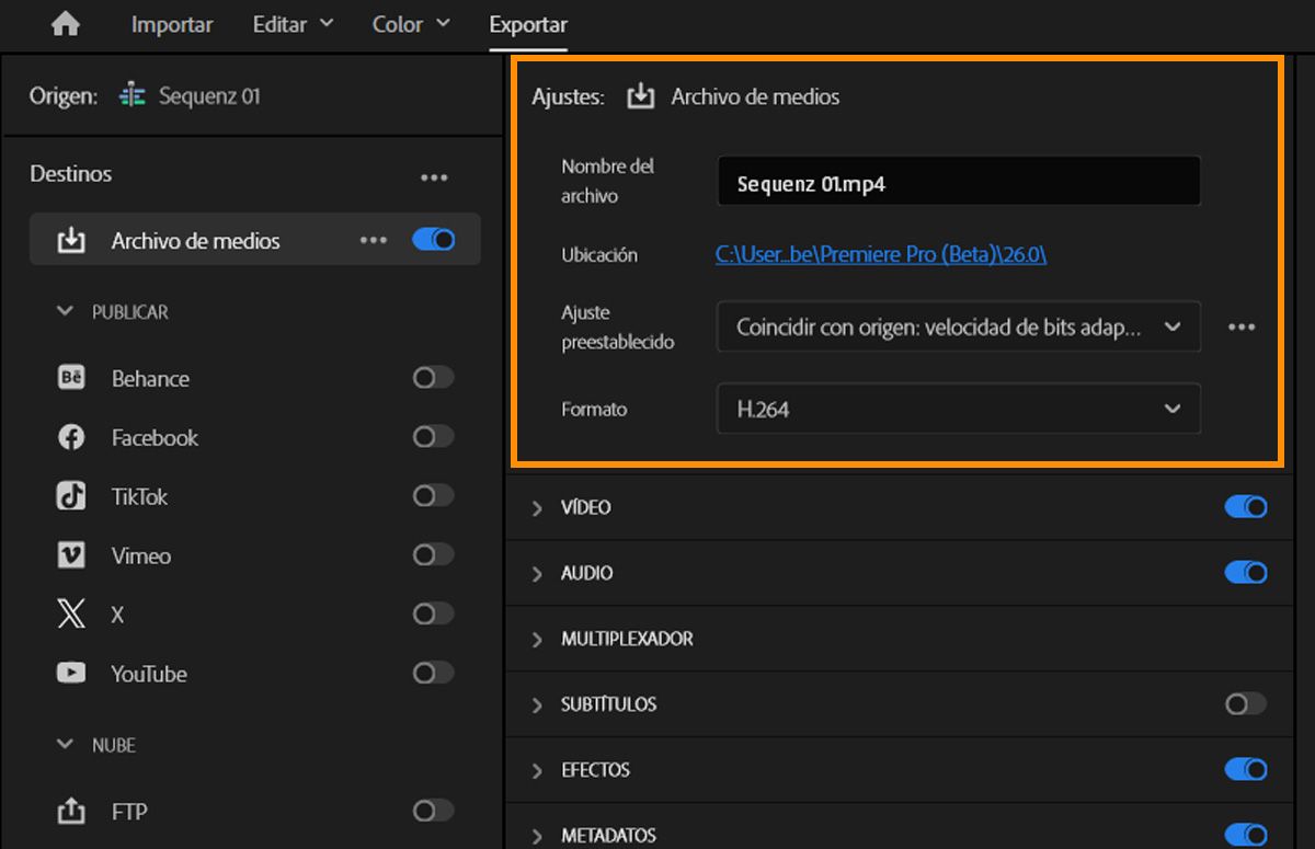 Pantalla del modo de exportación que muestra el nombre del archivo, ubicación, ajuste preestablecido y configuración de formato para el archivo de medios seleccionado.