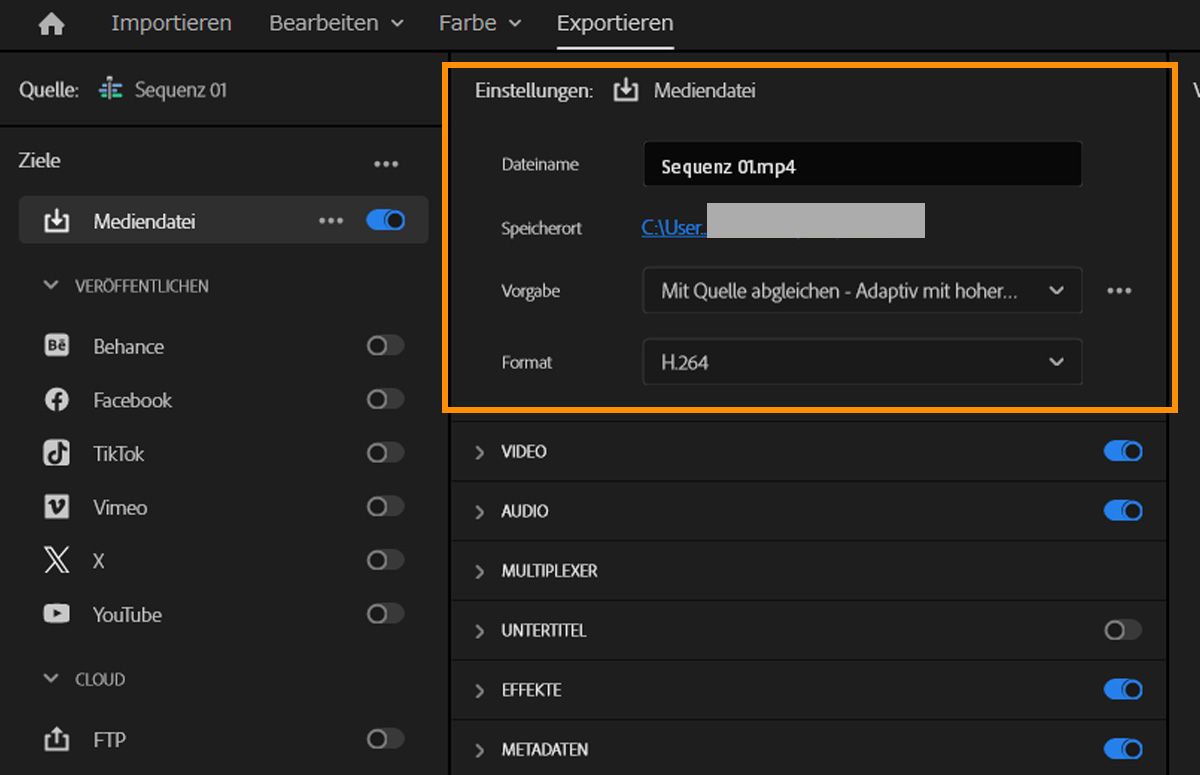 Export-Modus-Bildschirm mit Dateiname, Speicherort, Voreinstellung und Formateinstellungen für die ausgewählte Mediendatei.