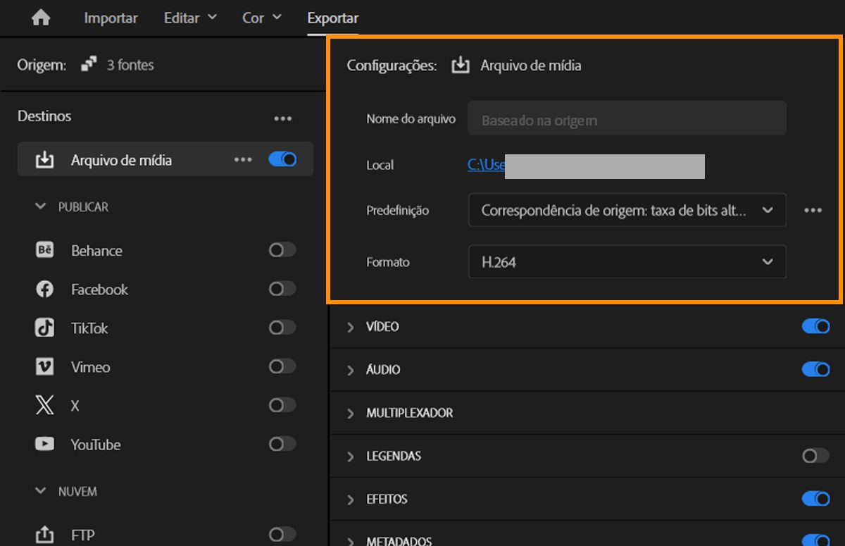 Tela do modo de exportação mostrando nome do arquivo, local, predefinição e configurações de formato para o arquivo de mídia selecionado.