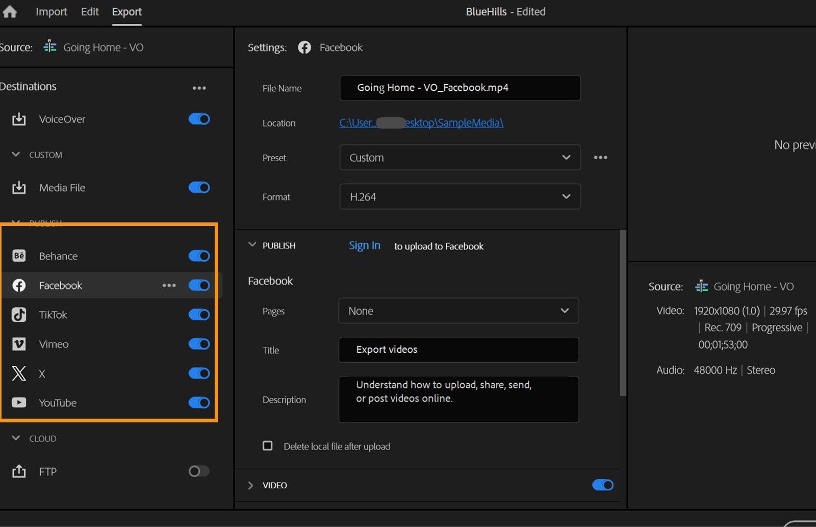 El panel Export está abierto y contiene configuraciones para plataformas de medios sociales, con opciones para seleccionar destinos y personalizar parámetros de vídeo.