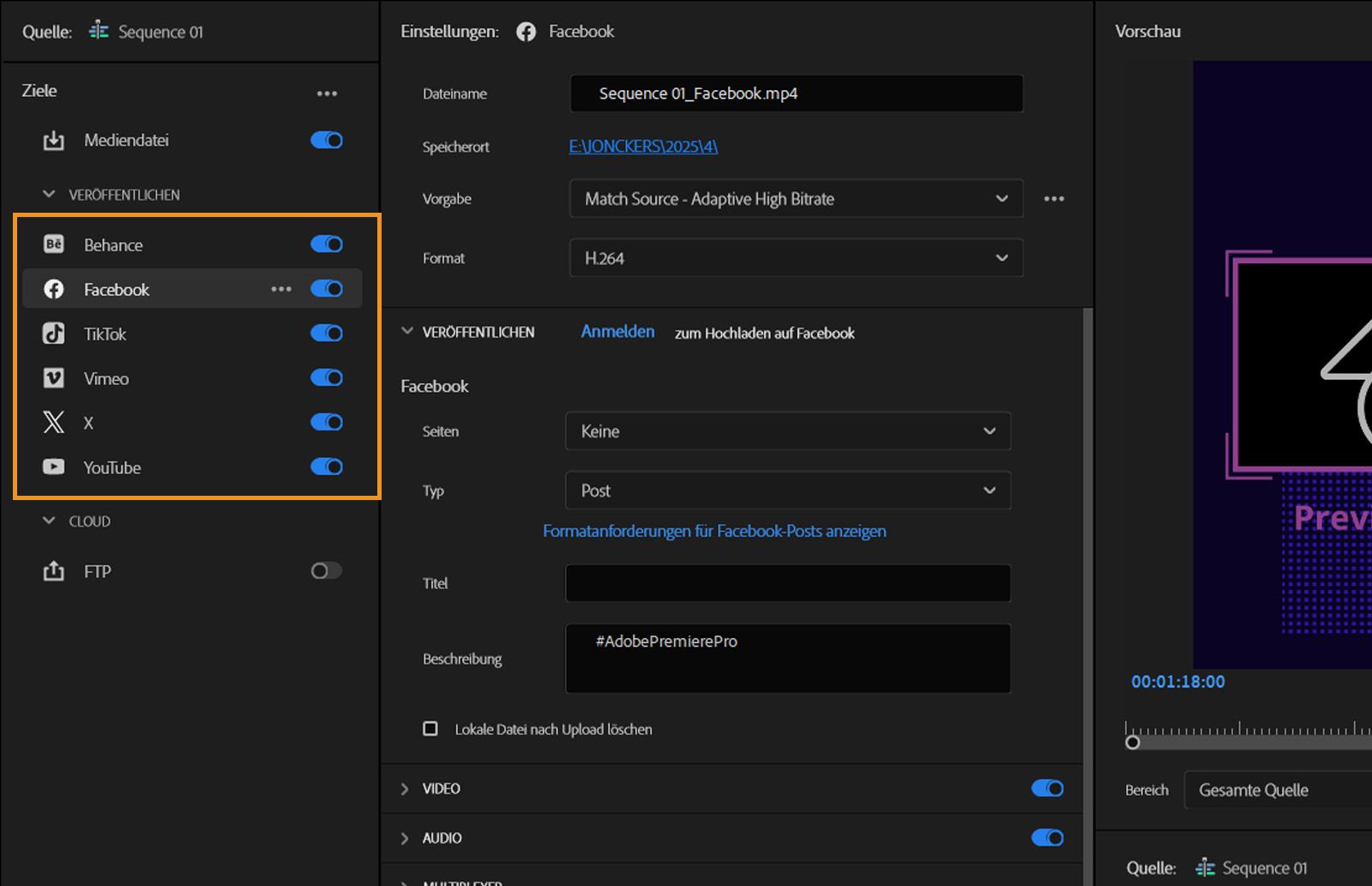 Das Exportbedienfeld ist geöffnet und enthält Einstellungen für Social-Media-Plattformen mit Optionen zur Auswahl von Zielen und Anpassung von Videoparametern.