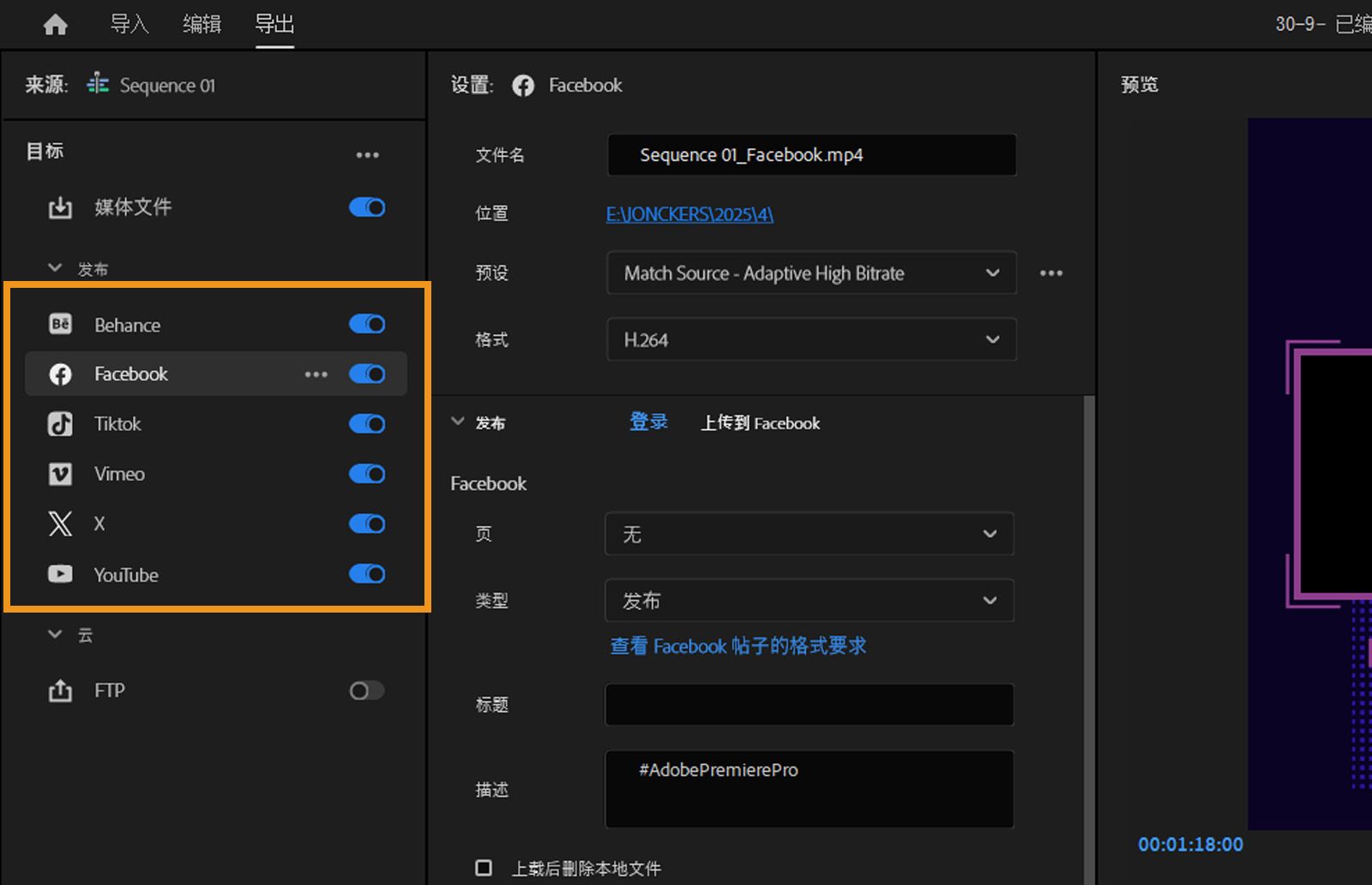 导出面板已打开，其中包含社交媒体平台的设置，可选择目标并自定义视频参数。