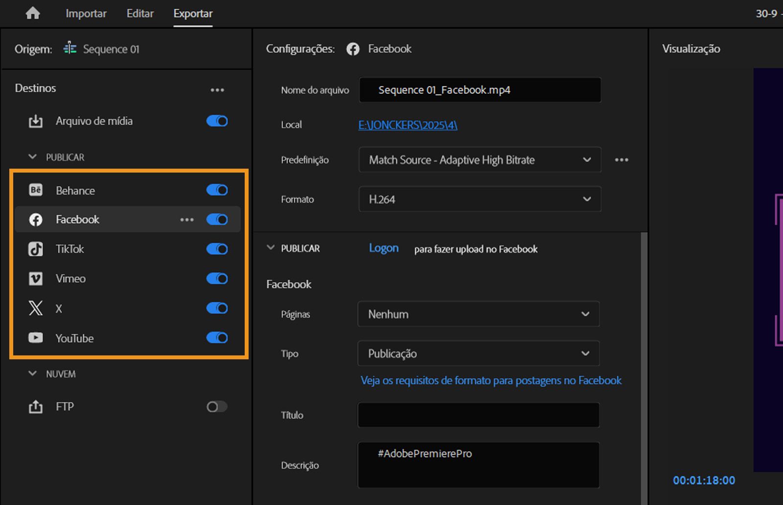 O painel de exportação está aberto e contém configurações para plataformas de redes sociais, com opções para selecionar destinos e personalizar parâmetros de vídeo.
