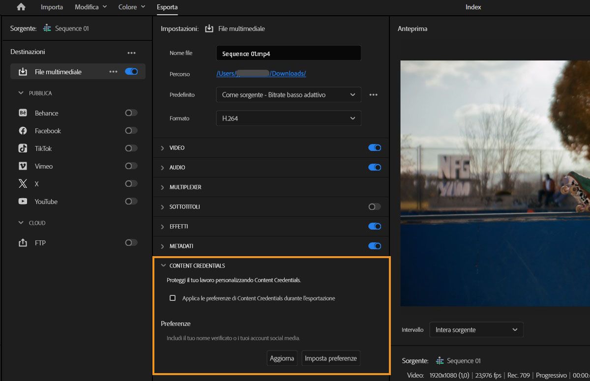 Pannello Impostazioni di esportazione che mostra la sezione Content Credentials con l’opzione per applicare le credenziali e impostare le preferenze.