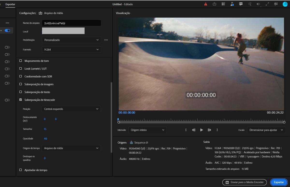Exportar configurações com a sobreposição de código de tempo ativada, exibindo um código de tempo contínuo na pré-visualização.