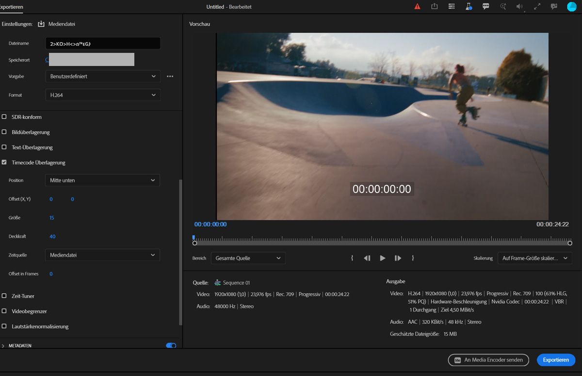 Export-Einstellungen mit aktiviertem Timecode-Overlay, das einen laufenden Timecode-Einbrand in der Vorschau zeigt.