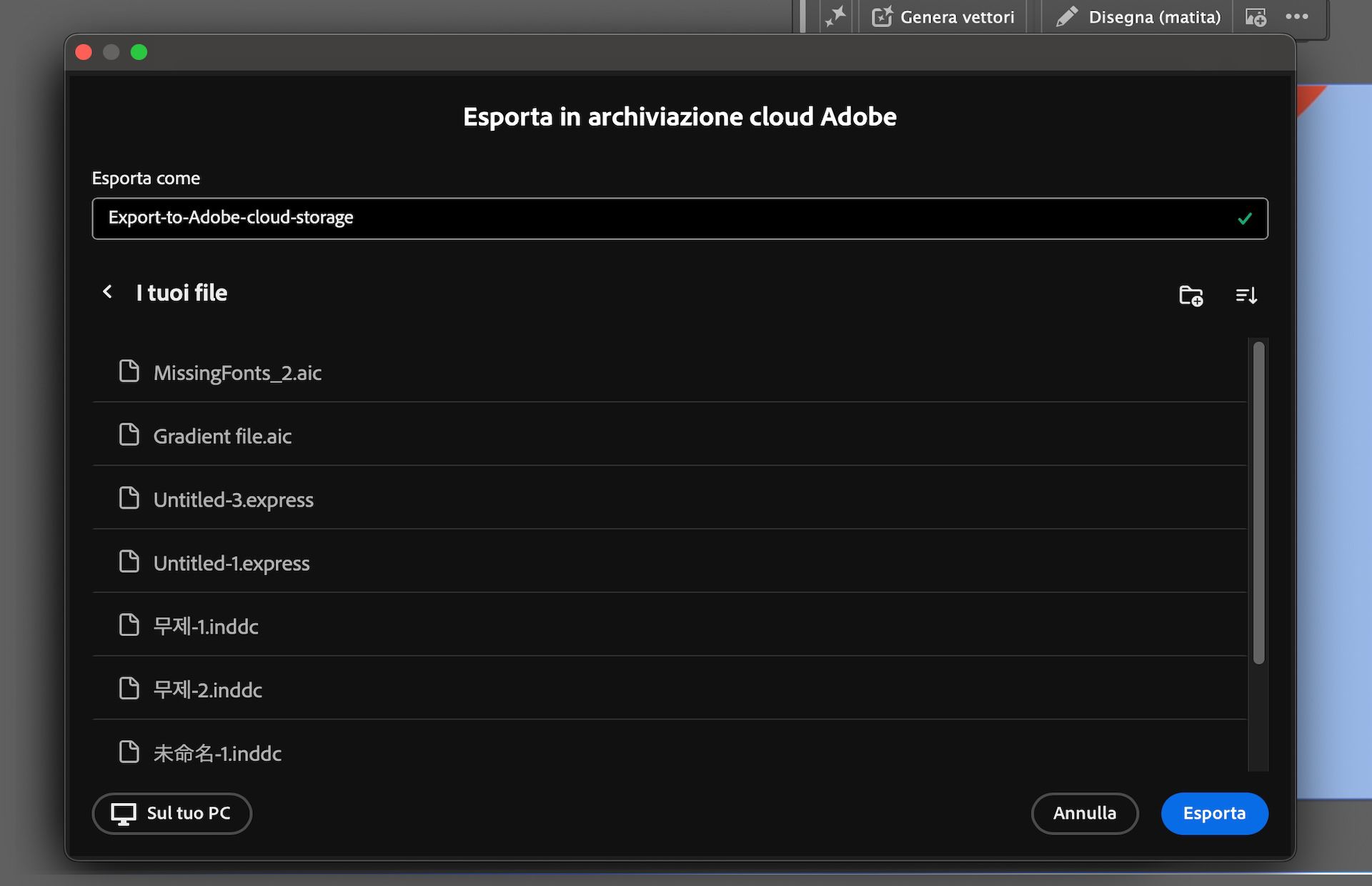 Finestra di dialogo Esporta in archiviazione cloud Adobe che mostra il campo del nome file e le opzioni della cartella cloud.