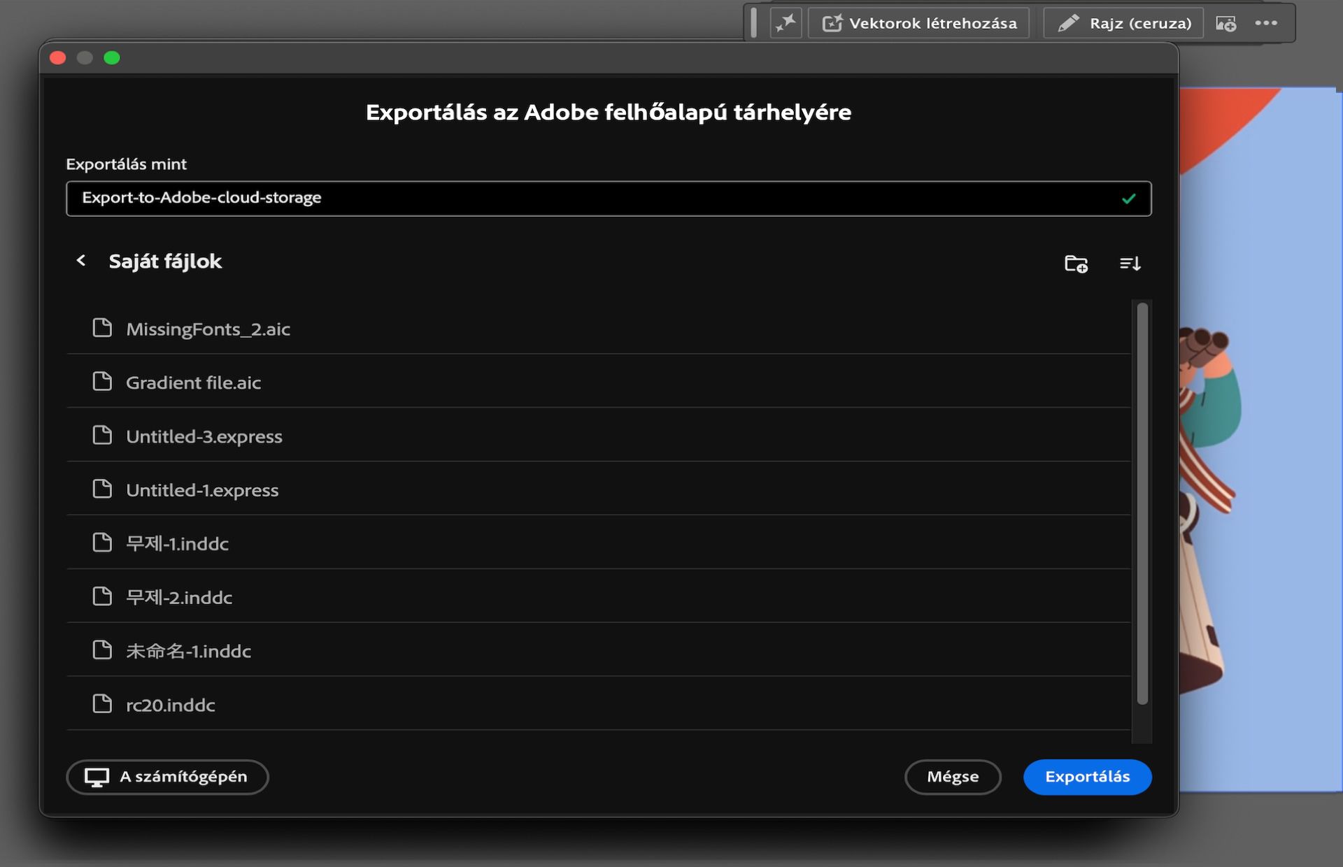 Az Exportálás az Adobe felhőalapú tárhelyére párbeszédpanel, amely a fájlnév mezőt és a felhőmappa beállításait mutatja.