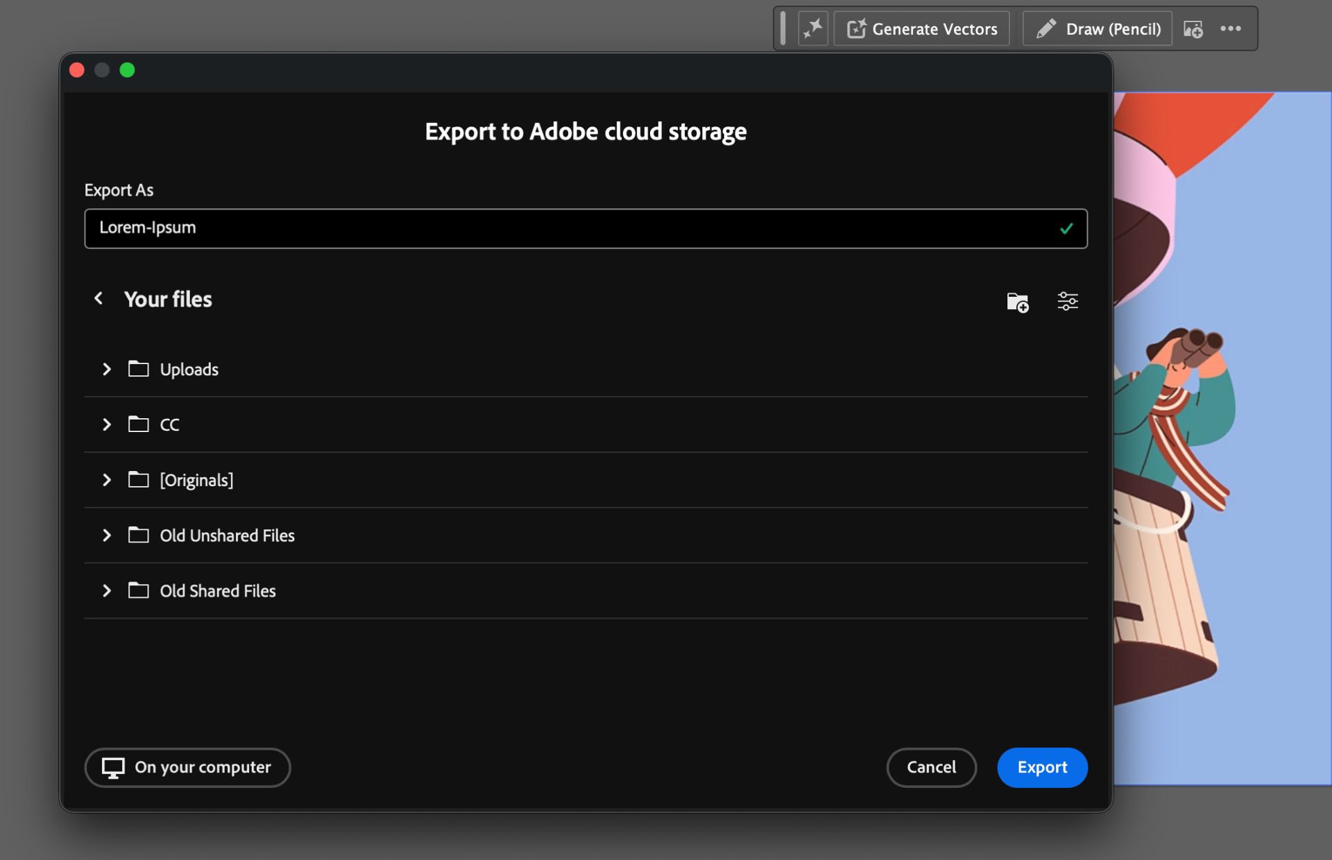 תיבת הדו-שיח Export to Adobe cloud storage מציגה שדה של שם קובץ ואפשרויות של תיקיות בענן.