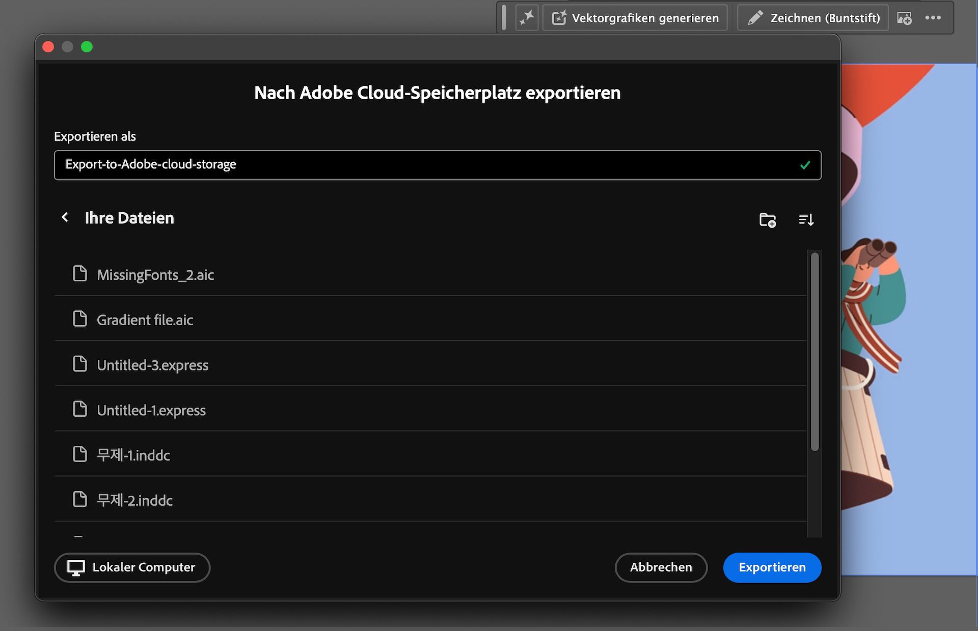 Das Dialogfeld „In den Cloud-Speicherplatz von Adobe exportieren“ mit dem Dateinamenfeld und den Optionen für den Cloud-Ordner.