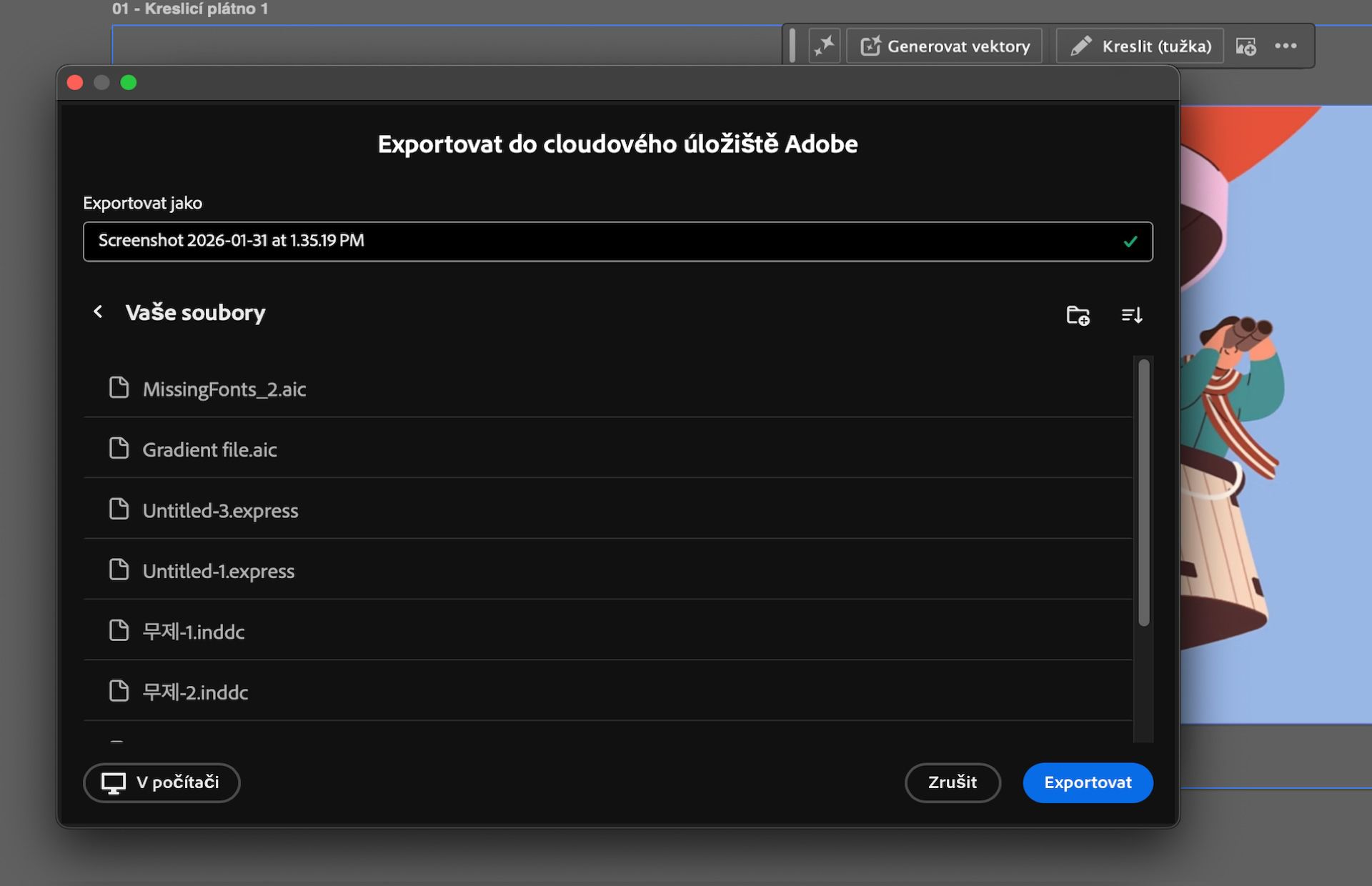 Dialogové okno Exportovat do cloudového úložiště Adobe zobrazující pole názvu souboru a možnosti cloudové složky.