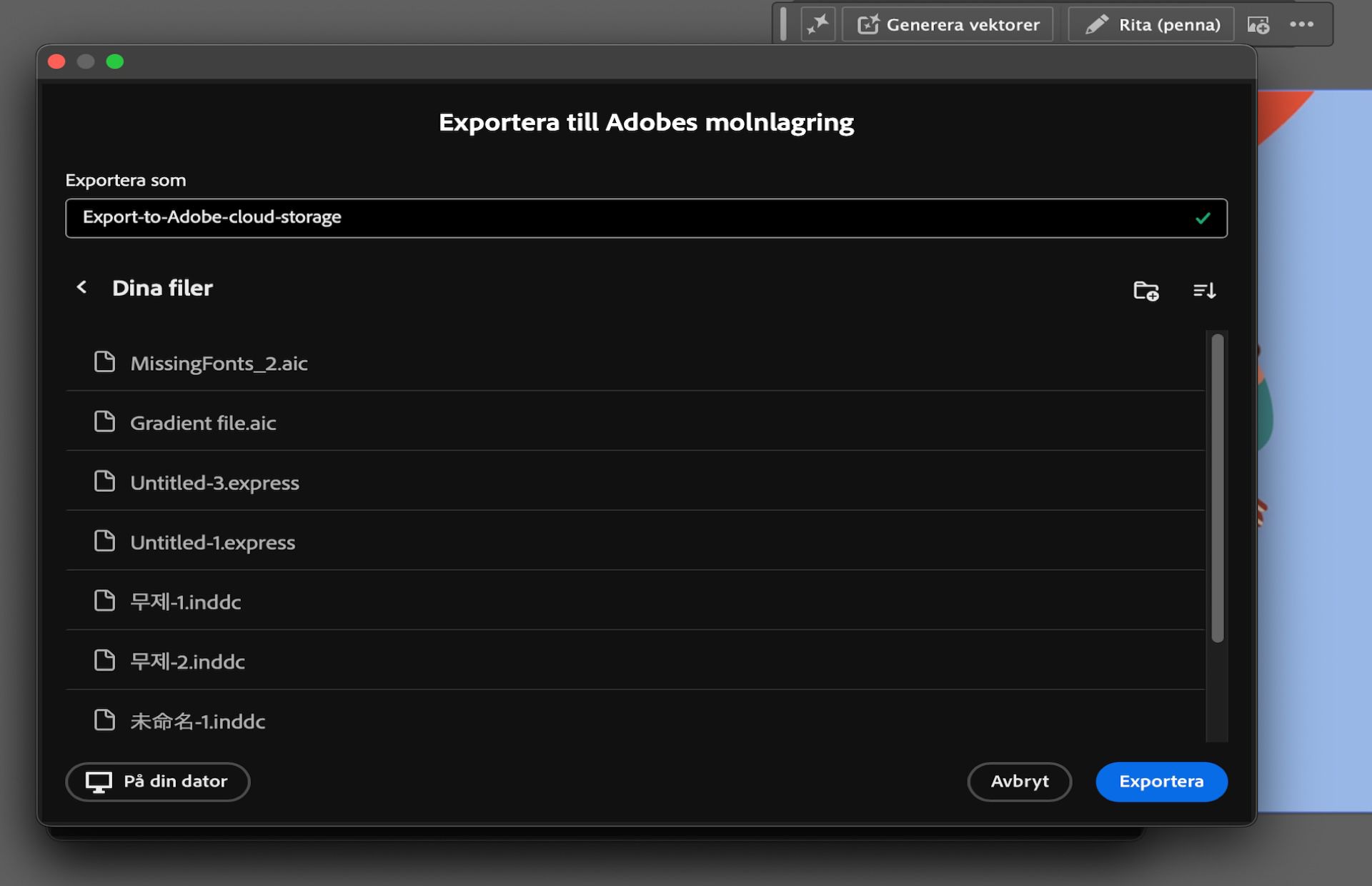 Dialogrutan Exportera till Adobes molnlagring som visar filnamnsfältet och molnmappalternativen.