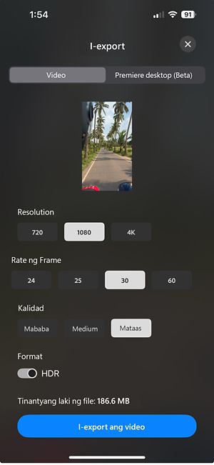 Bukas ang export window na nagpapakita ng mga option para pumili ng resolution (720p, 1080p, 4K), frame rate (24, 25, 30, 60), quality (Low, Medium, High), toggle para sa HDR format, at ang tinatayang laki ng file.
