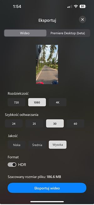 Otwarte okno eksportu z opcjami wyboru rozdzielczości (720p, 1080p, 4K), częstotliwości klatek (24, 25, 30, 60), jakości (niska, średnia, wysoka), przełącznikiem formatu HDR i szacunkowym rozmiarem pliku.