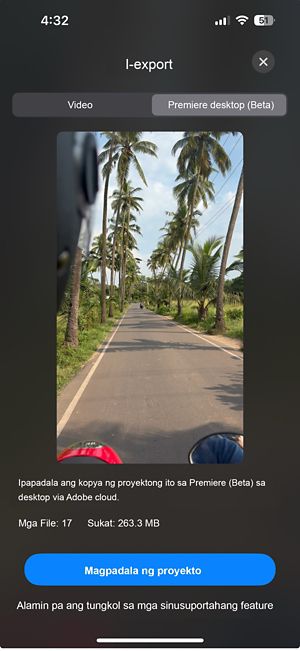 Nagbubukas ang export window na may napiling Premiere desktop (Beta) tab, na nagpapakita ng bilang ng files at kabuuang laki ng proyekto, kasama ang “Ipadala ang proyekto” na button sa ibaba para ilipat ito.