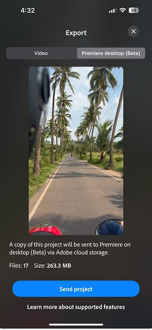 Export window open with the Premiere desktop (Beta) tab selected, showing the number of files and total size of the project, along with the “Send project” button at the bottom to transfer it.