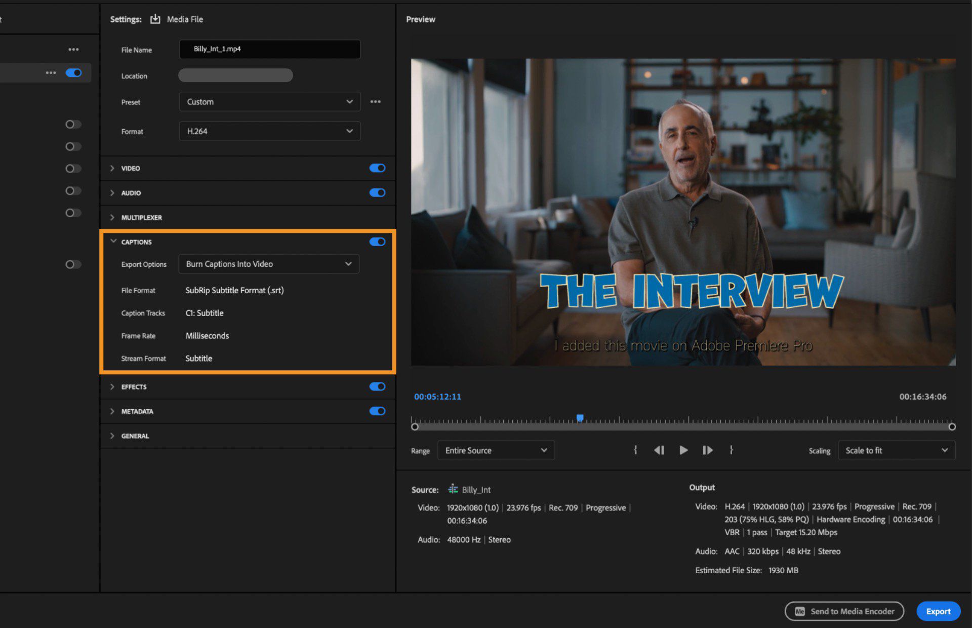 En el espacio de trabajo Exportación de Premiere Pro con los menús desplegables de Subtítulos abiertos.El menú desplegable tiene múltiples opciones para elegir.