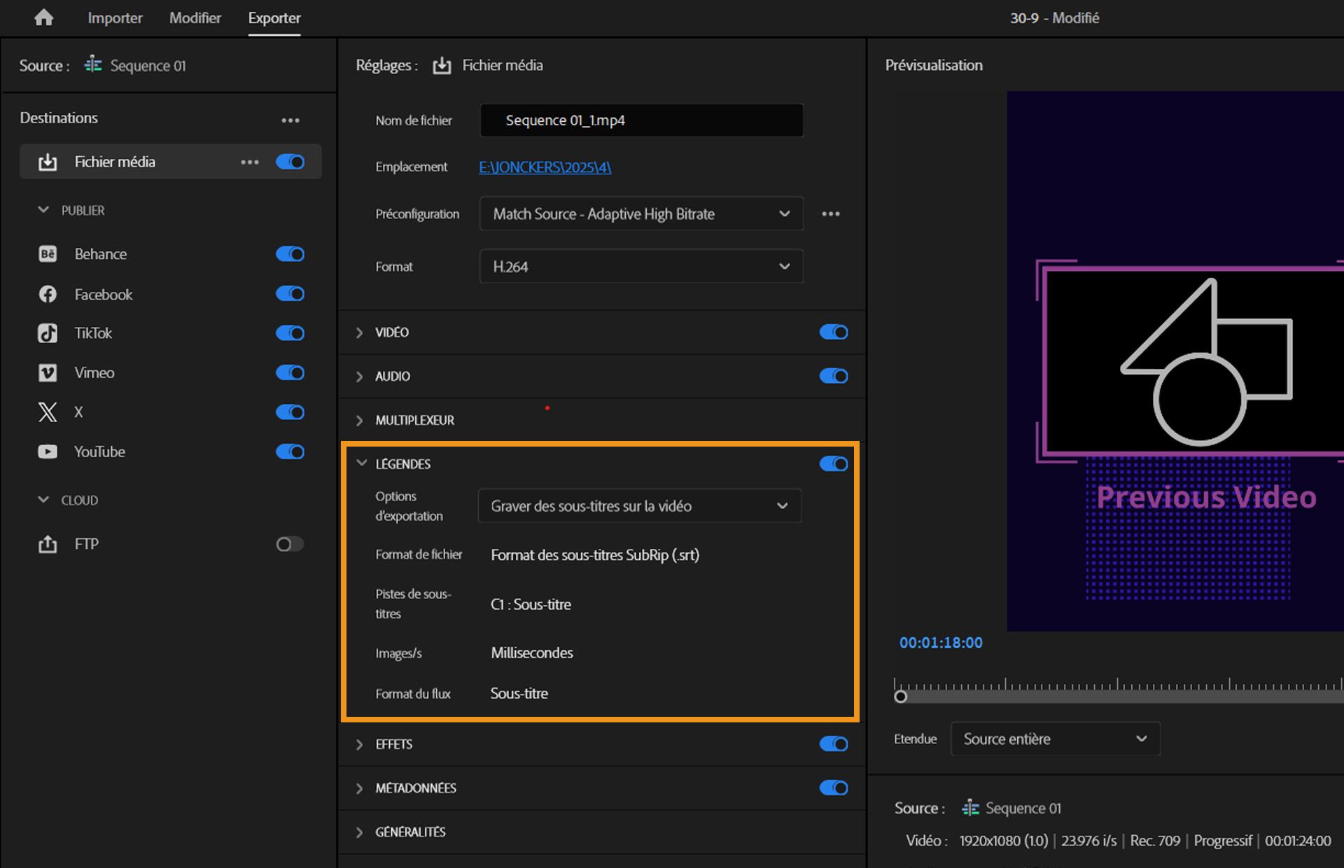 Dans l’espace de travail Exporter de Premiere Pro avec les menus déroulants Sous-titres ouverts.Le menu déroulant propose plusieurs options aux choix.
