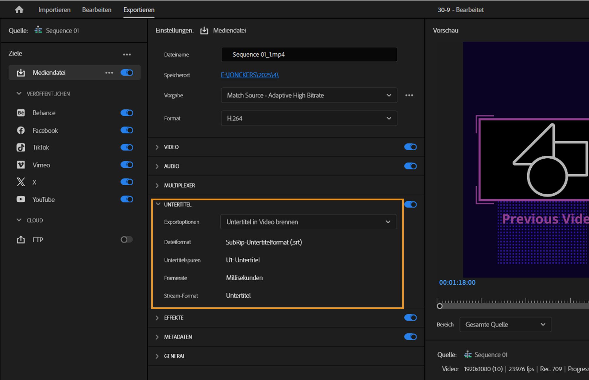 Export-Arbeitsbereich von Premiere Pro mit geöffneten Dropdown-Menüs für Untertitel. Das Dropdown-Menü bietet mehrere Optionen zur Auswahl.