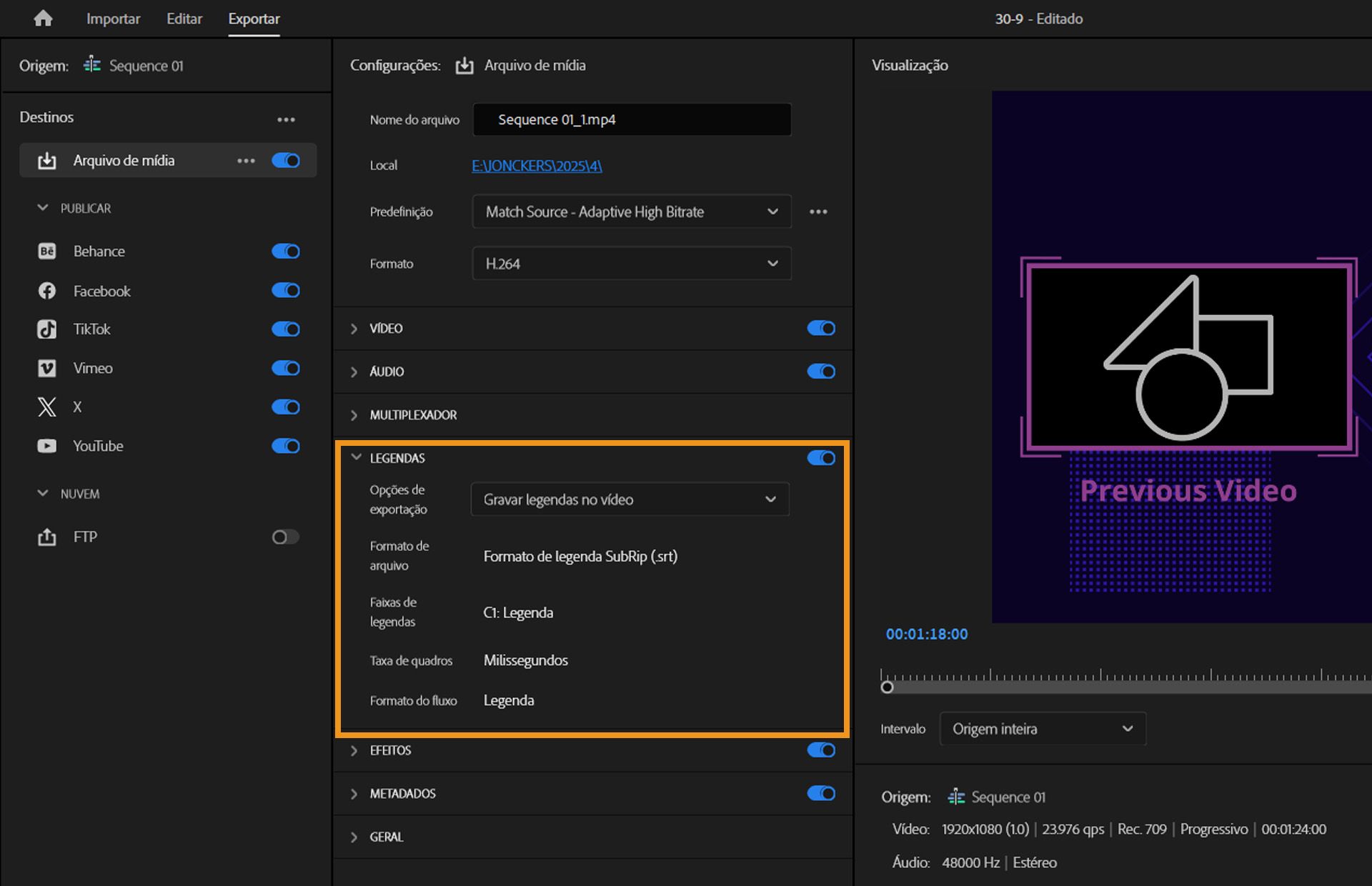 No espaço de trabalho de exportação do Premiere Pro com menus suspensos de Legendas abertos.O menu suspenso tem várias opções para escolher.