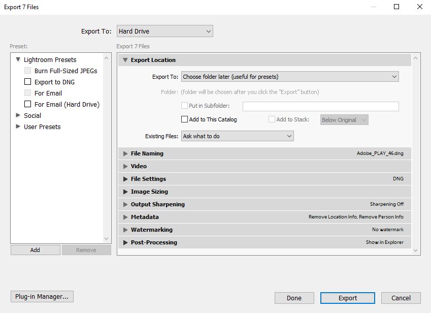 Dialogrutan Exportera i Lightroom Classic CC
